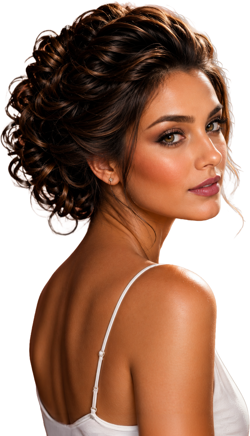 Editorial illustration of a brunette woman looking side-back